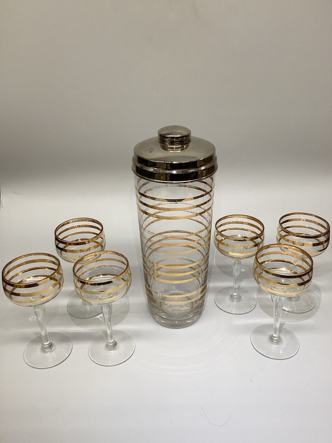 Gold Lined Bohemian Glass Bar Set, 7 pieces