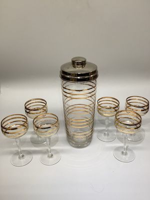 Gold Lined Bohemian Glass Bar Set, 7 pieces