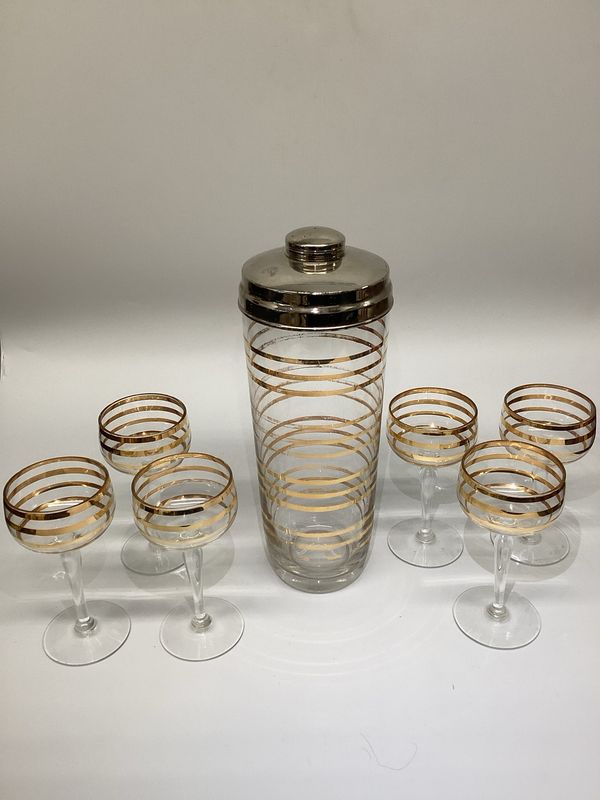 Gold Lined Bohemian Glass Bar Set, 7 pieces