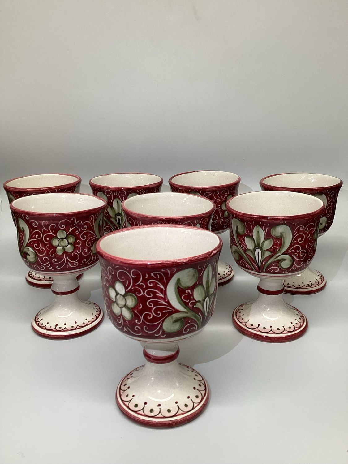 Set Of 8 Italian Ceramic Deruta Goblet Cups