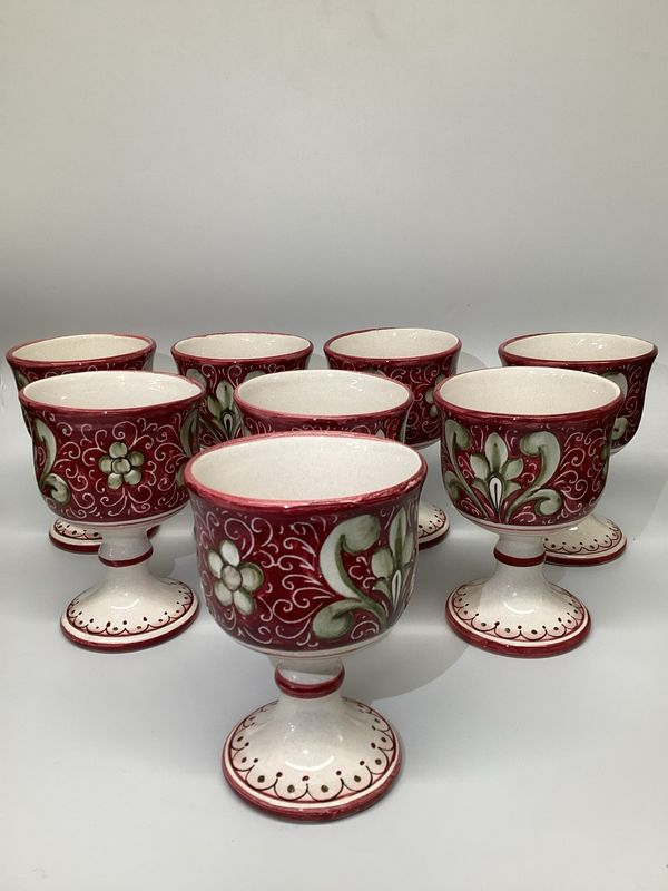 Set Of 8 Italian Ceramic Deruta Goblet Cups