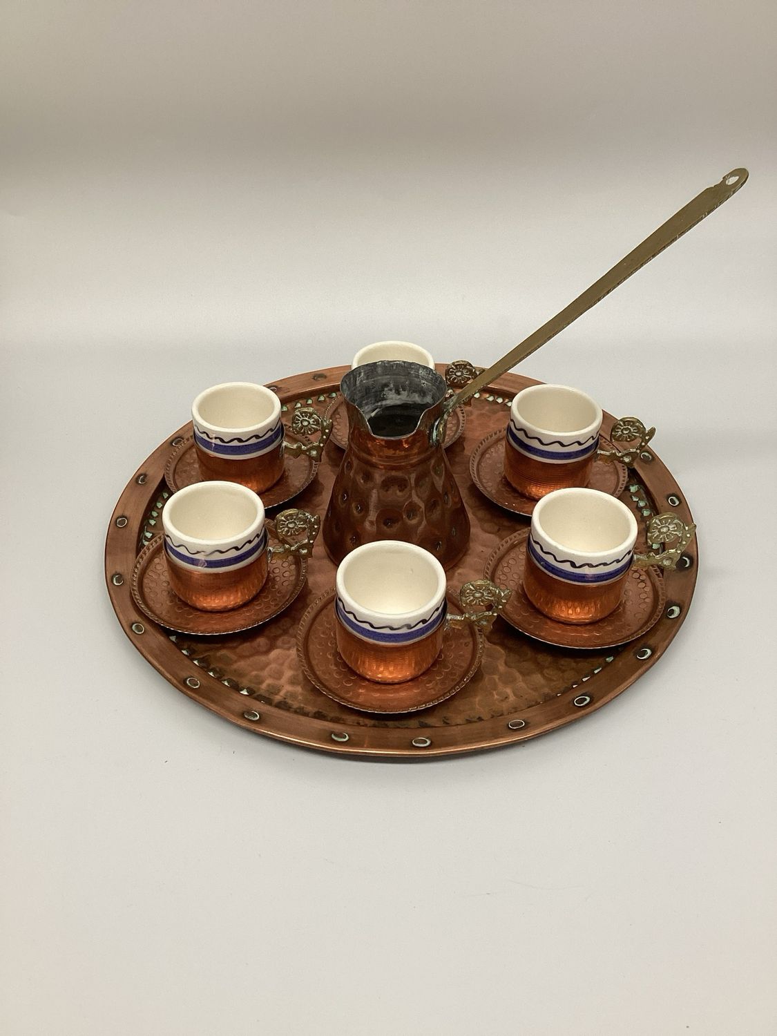 Turkish Coffee Set in Ceramic and Hammered Copper