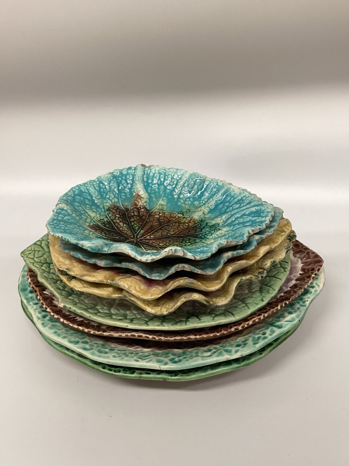 Majolica Pottery Begonia Leaf Plates, set of 8