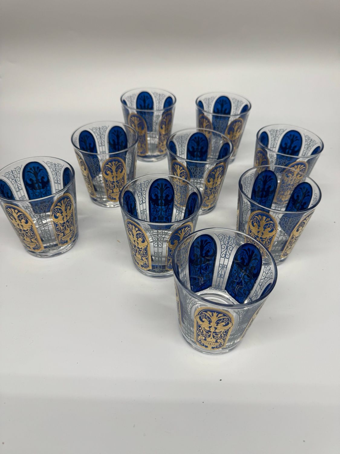 Mid Century Blue and Gold Rocks Glasses, set of 9