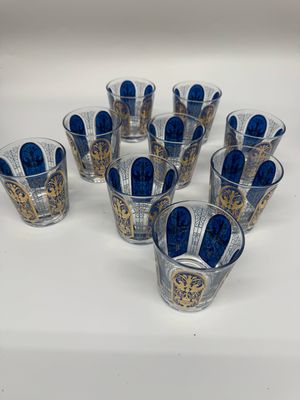 Mid Century Blue and Gold Rocks Glasses, set of 9