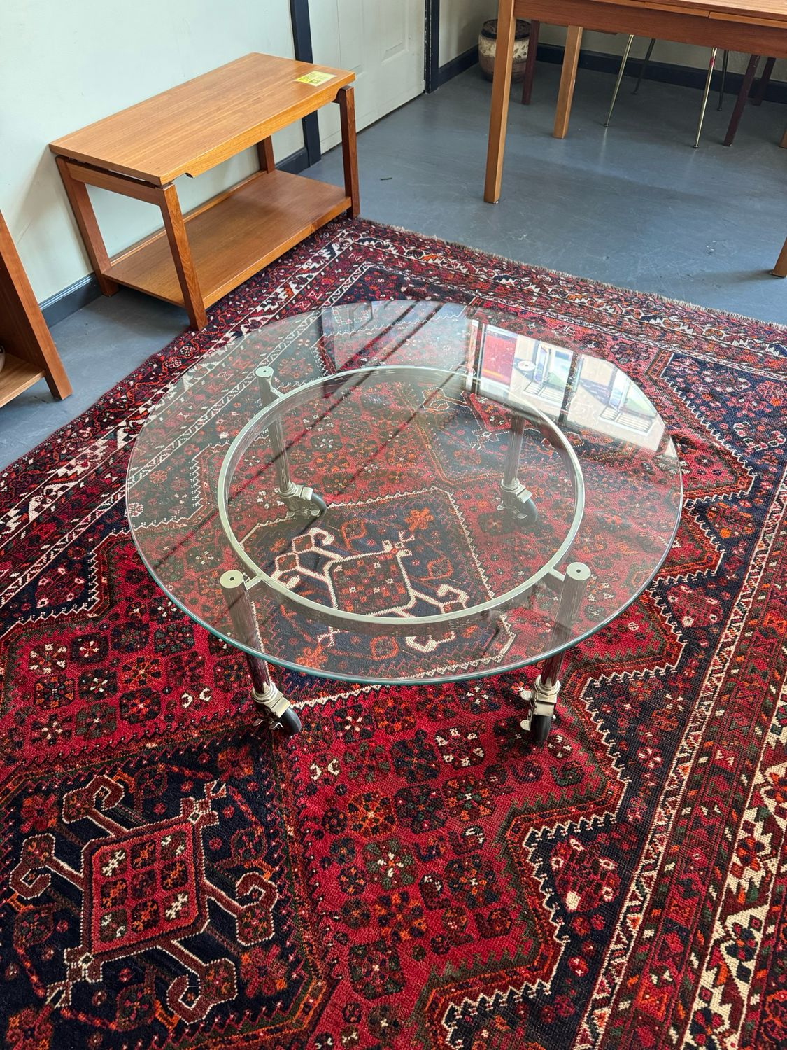 Rolling Round Metal + Glass Coffee Table