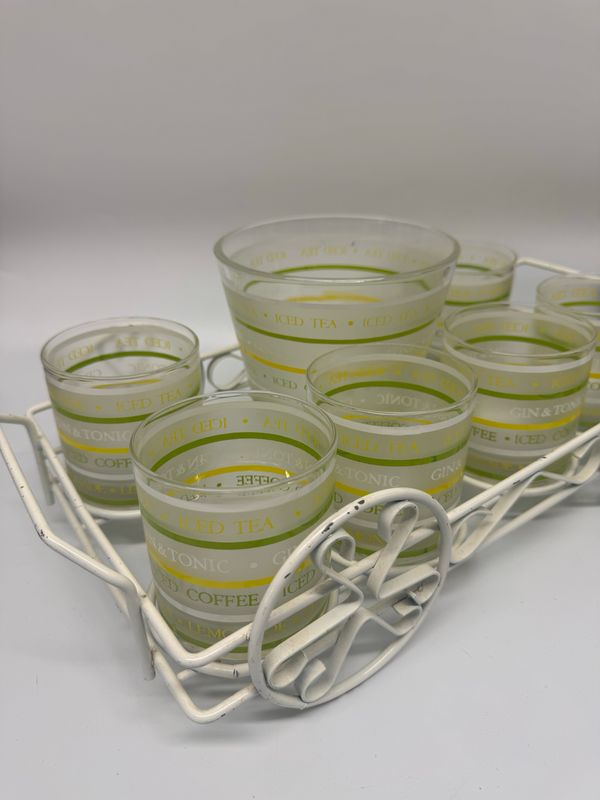 Mid Century Barware Set with 6 Glasses, Ice Bucket &amp; Caddy