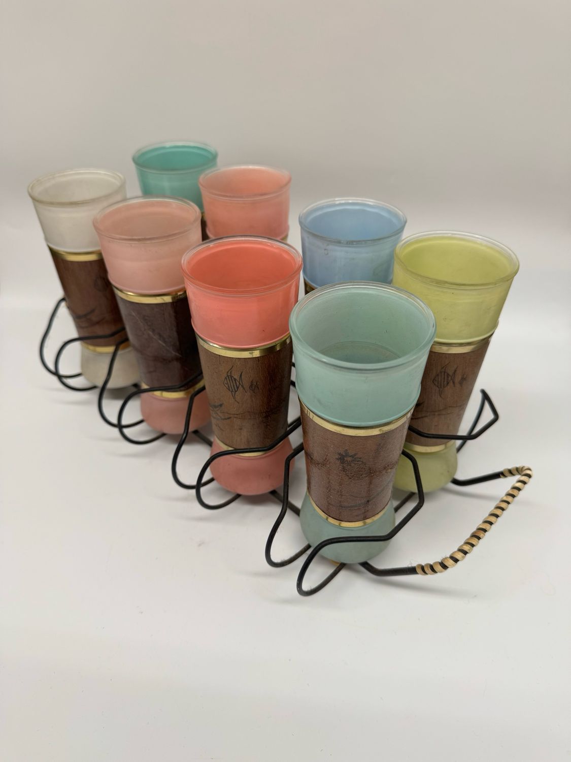 Tiki Bar Multi-Colored Glassware, set of 8 w/ Carrier