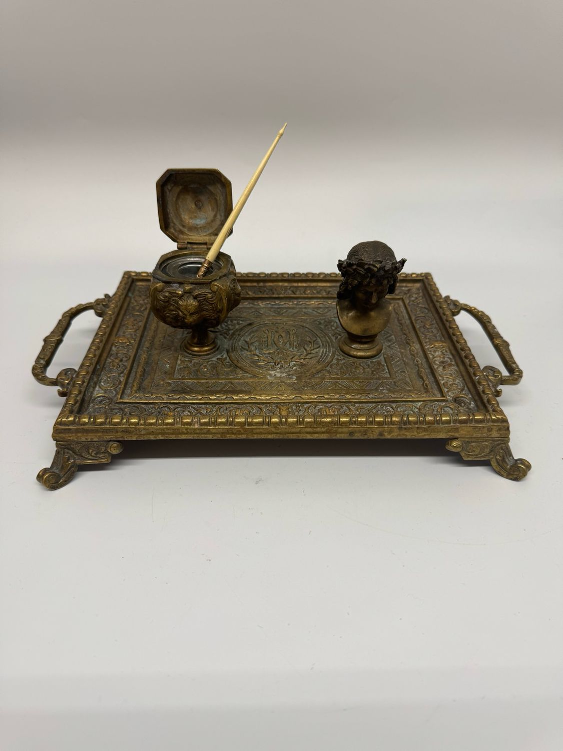 Bronze Inkwell Stand w/ Bust