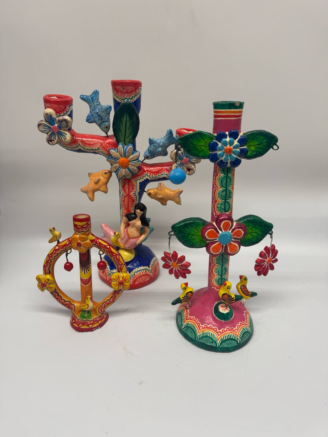 Mexican Folk Art &#39;Tree of Life&#39; Candelabras, set of 3