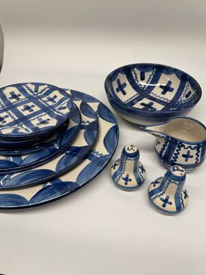 Ceramic &#39;Blue Cross Plaid&#39; Dishware by John B. Taylor, 14 pcs