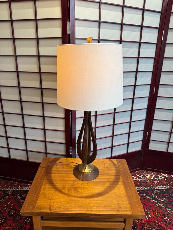 Mid Century Wood and Brass Lamp