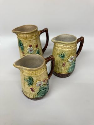 Majolica Strawberry Ceramic Pitchers, set of 3