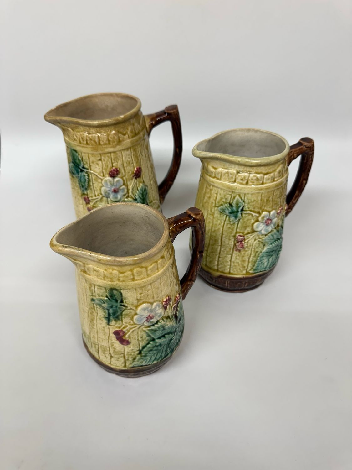 Majolica Strawberry Ceramic Pitchers, set of 3