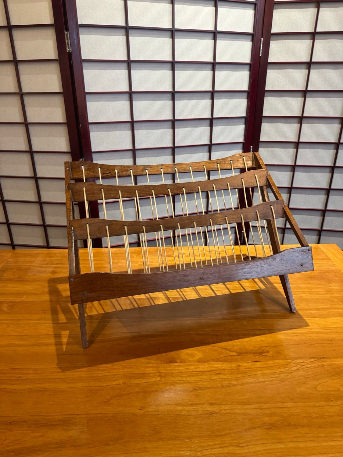 Mid Century Wood and String Tiered Magazine Rack
