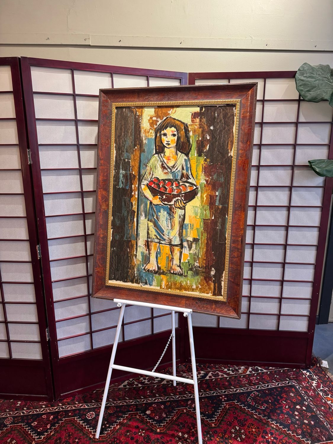 Original Mid Century Girl with Fruit Bowl Painting