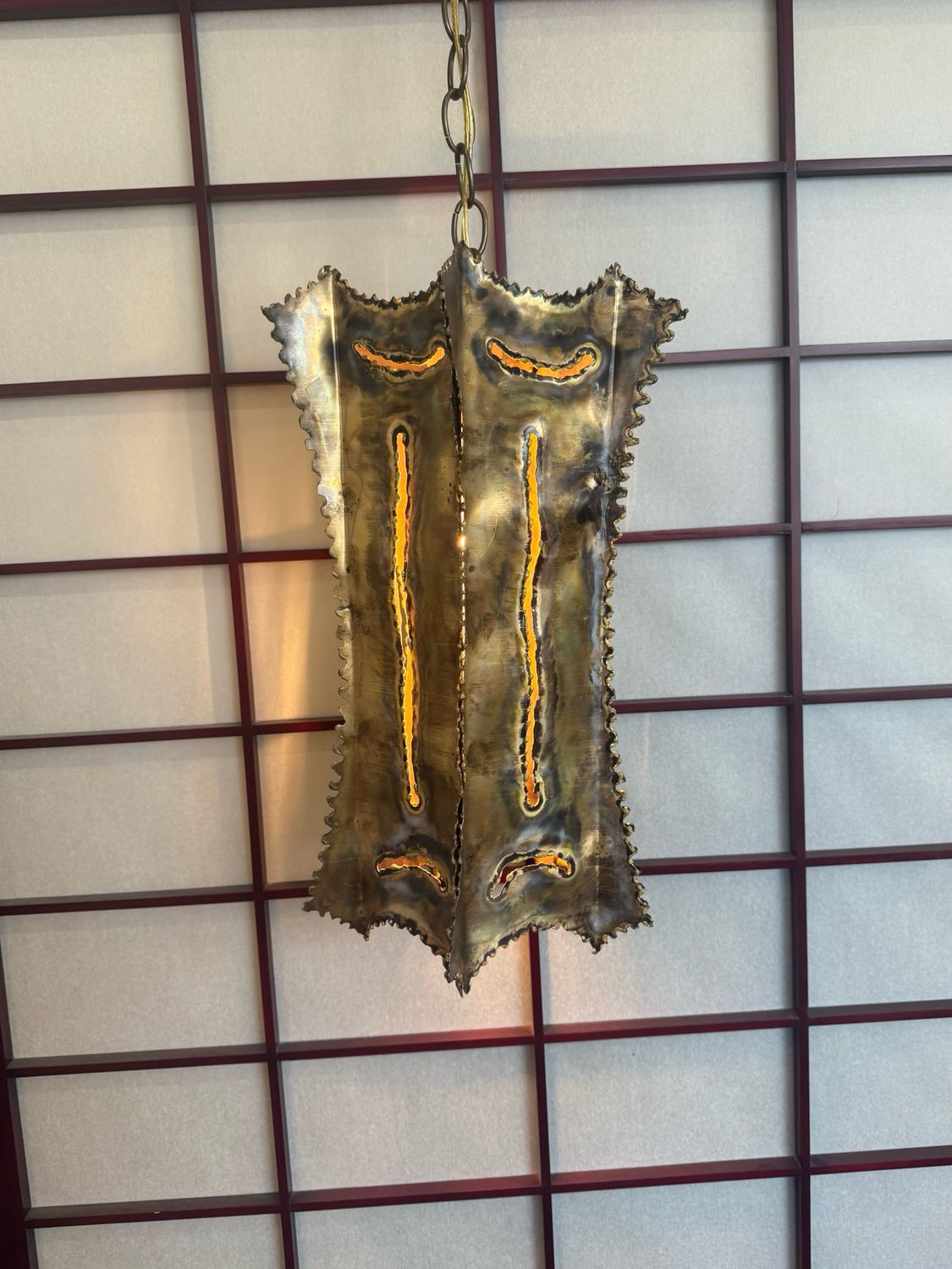 Brutalist Welded Brass Hanging Swag Lamp