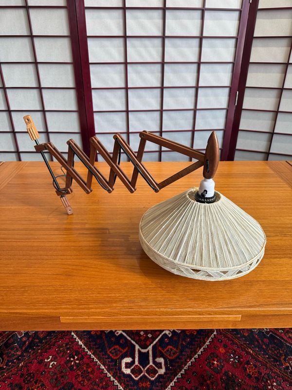 Mid Century Teak Swing Arm Lamp with String Shade