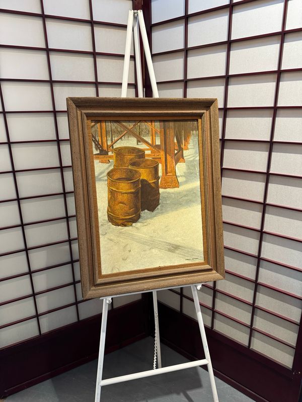 Herbert Davidson Still Life Painting w/ Oil Drums