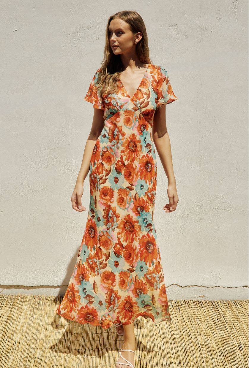 Bright Eyed Flutter Sleeve Maxi Dress