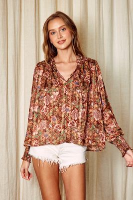 Floral Jacquard Ruffled Neck Top