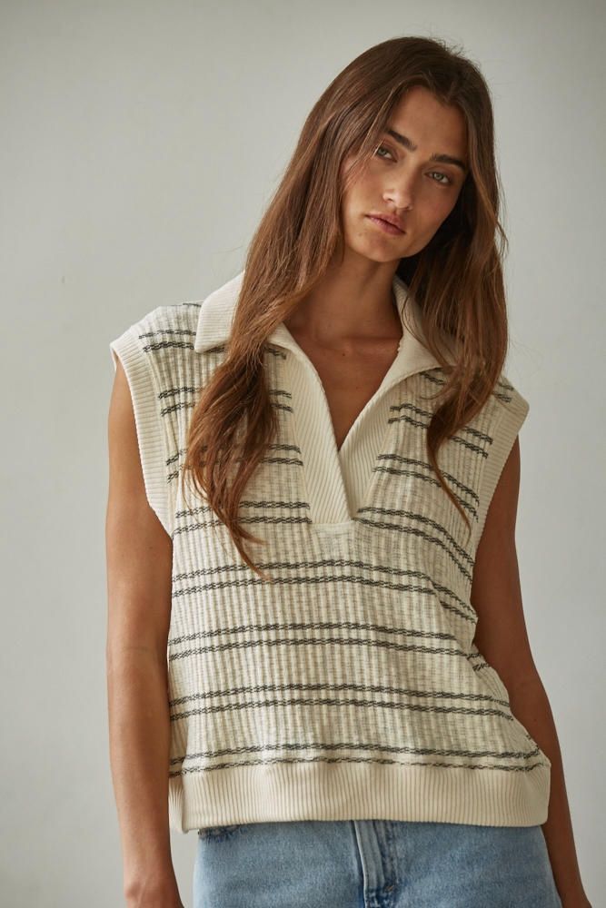Riven Striped Collared Sleeveless Top