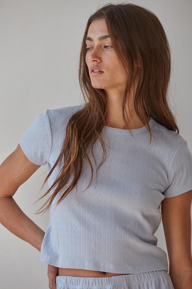 The Pointelle Ribbed Tee, Colour: Blue, Size: Small