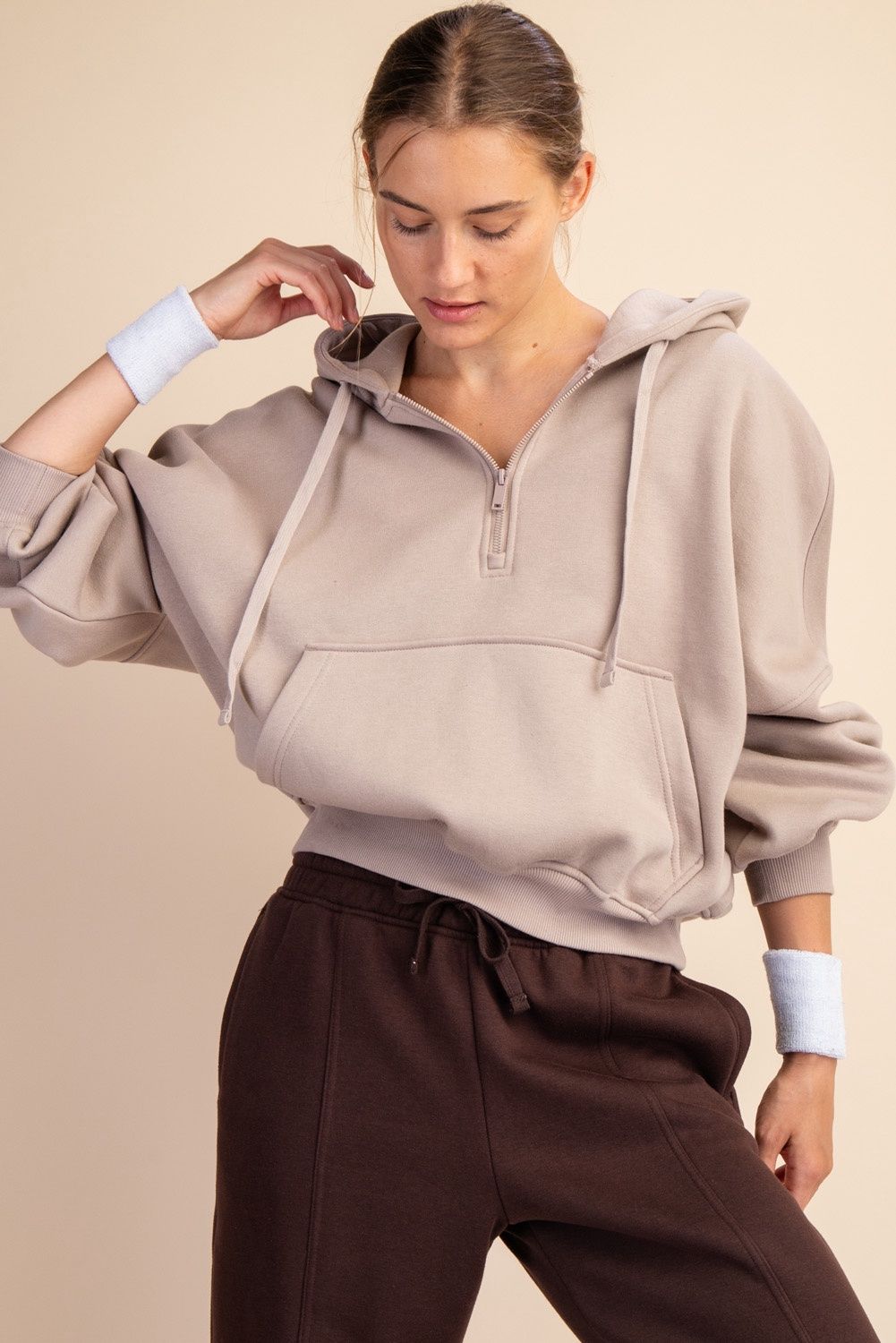 Fleece Quarter Zip Hoodie, Colour: Beige, Size: Small