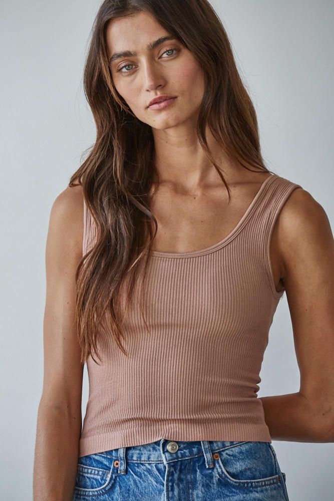 Padded Ribbed Seamless Tank, Color: Dark Taupe, Size: Small/Medium