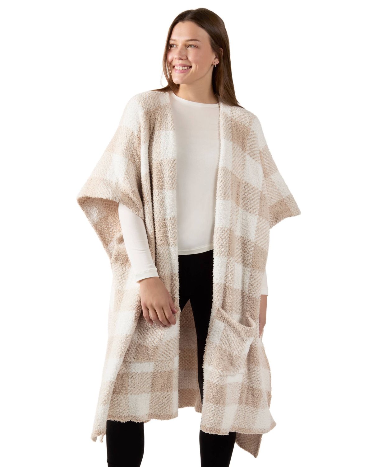 Women's Plaid Cozy Knit Wearable Throw Robe, Color: Almond, Size: OS
