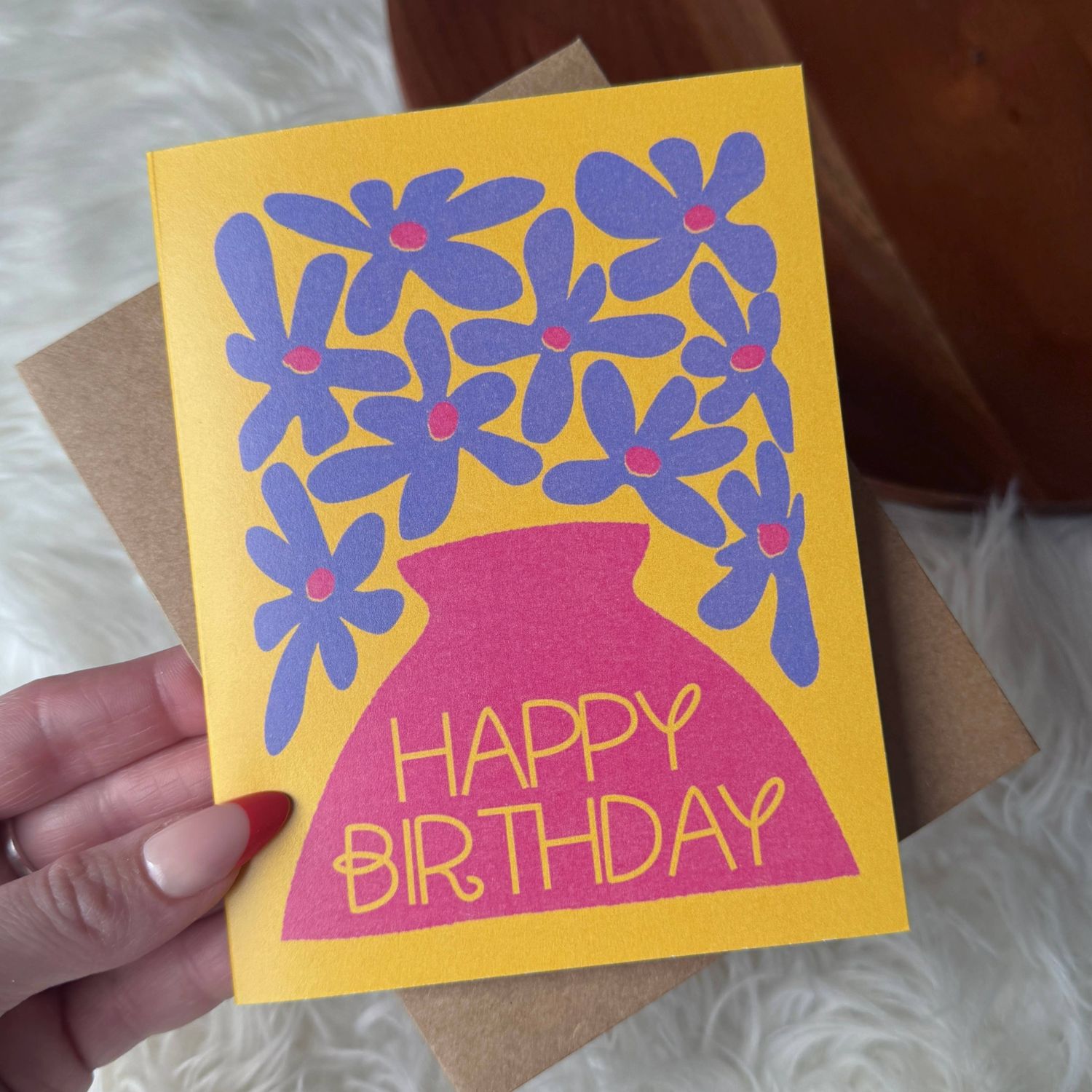 Happy Birthday Purple Flowers Pink Vase Abstract Card