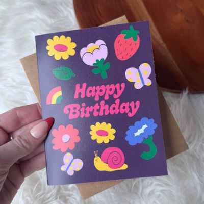 Happy Birthday Flowers &amp; Cute Icons Spring Dark Card