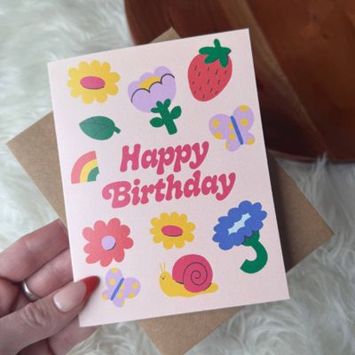 Happy Birthday Flowers &amp; Cute Icons Spring Peach Card
