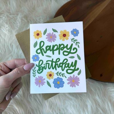 "Happy birthday" Wildflower Cursive Card