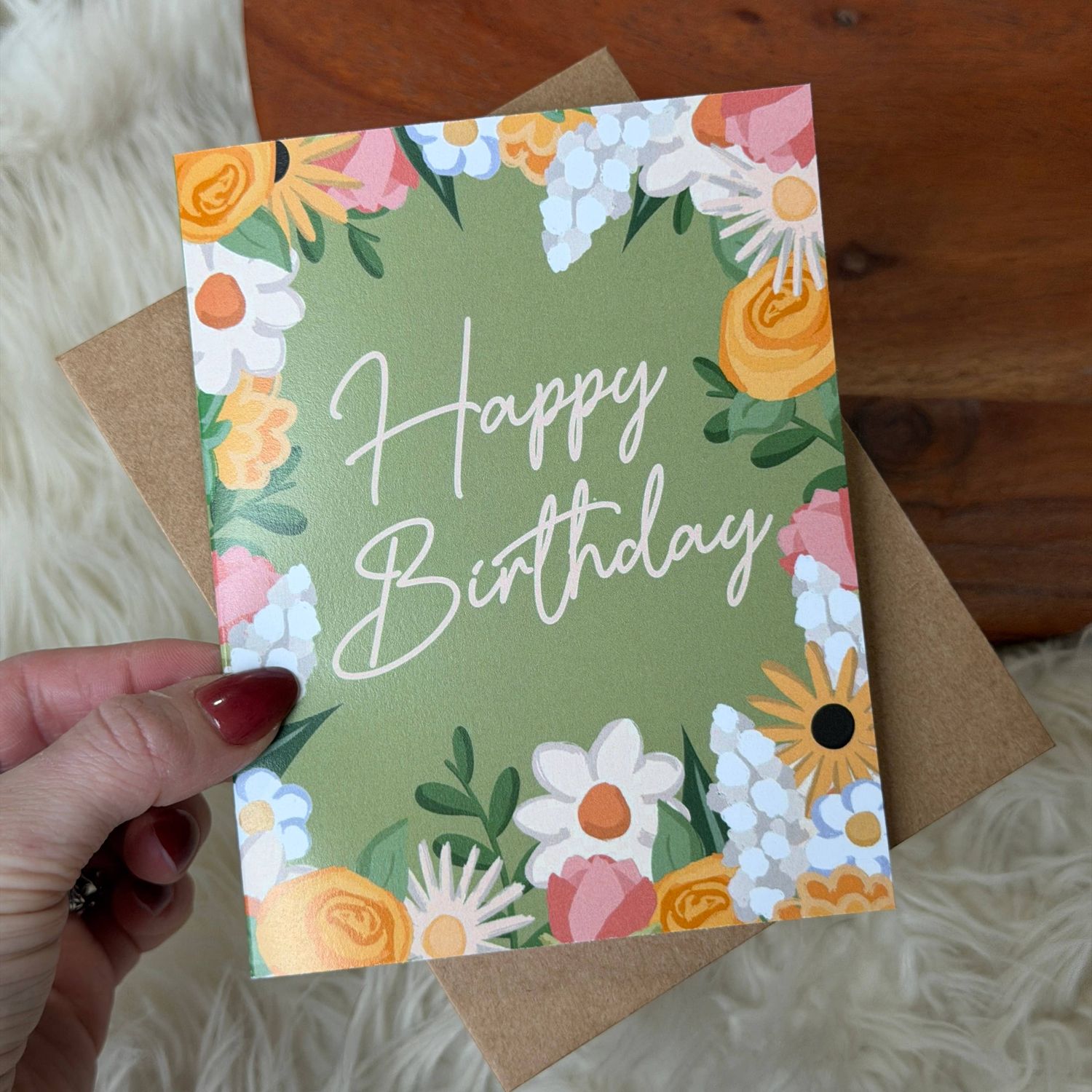 Happy Birthday Cursive Text Floral Frame Birthday Card
