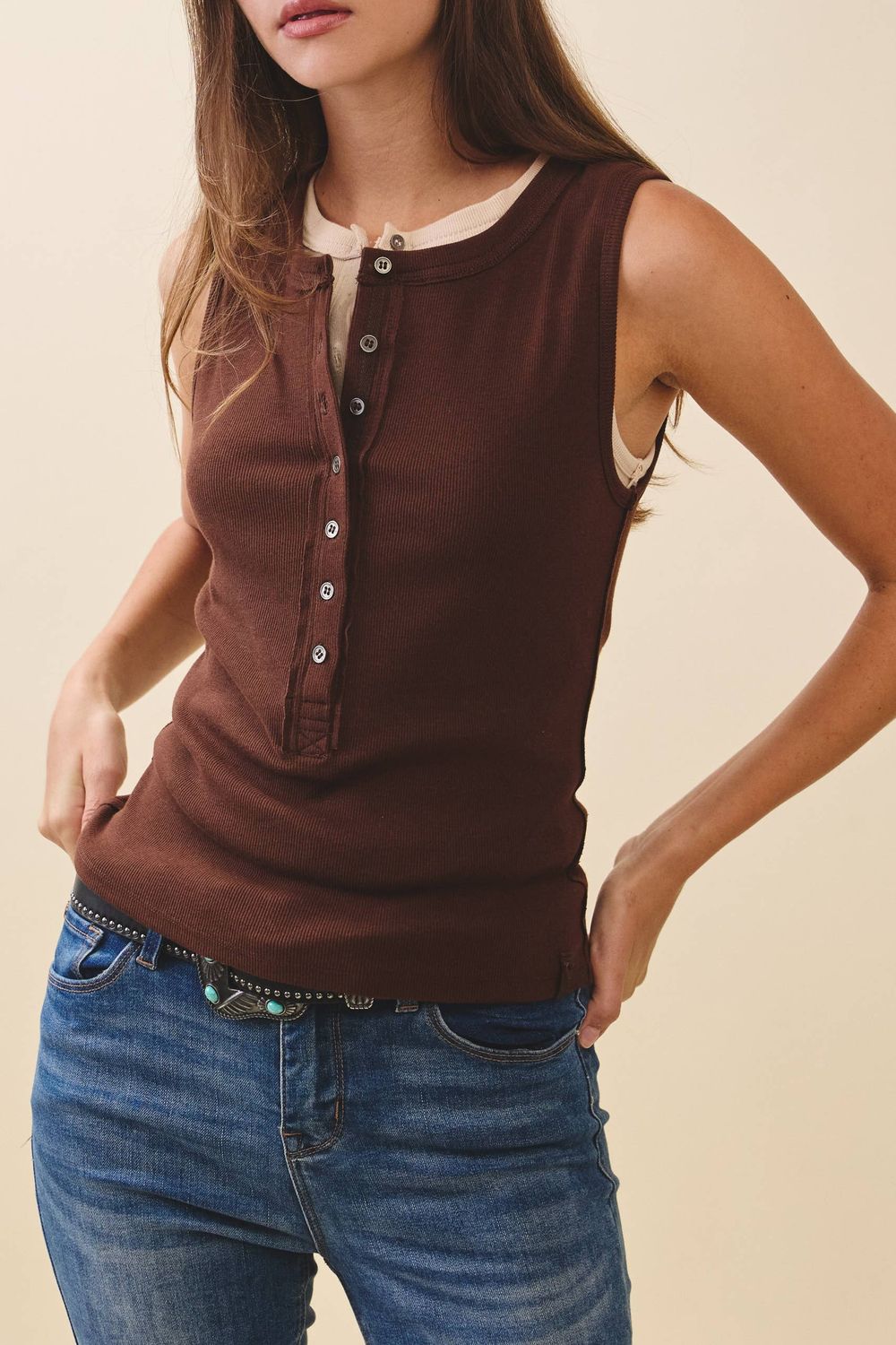 Ribbed Henley Tank, Color: Chocolate, Size: Small
