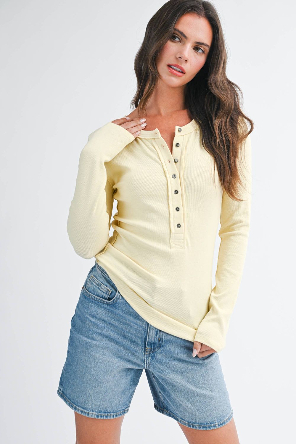 Ribbed Henley Long Sleeve, Color: Butter, Size: Small