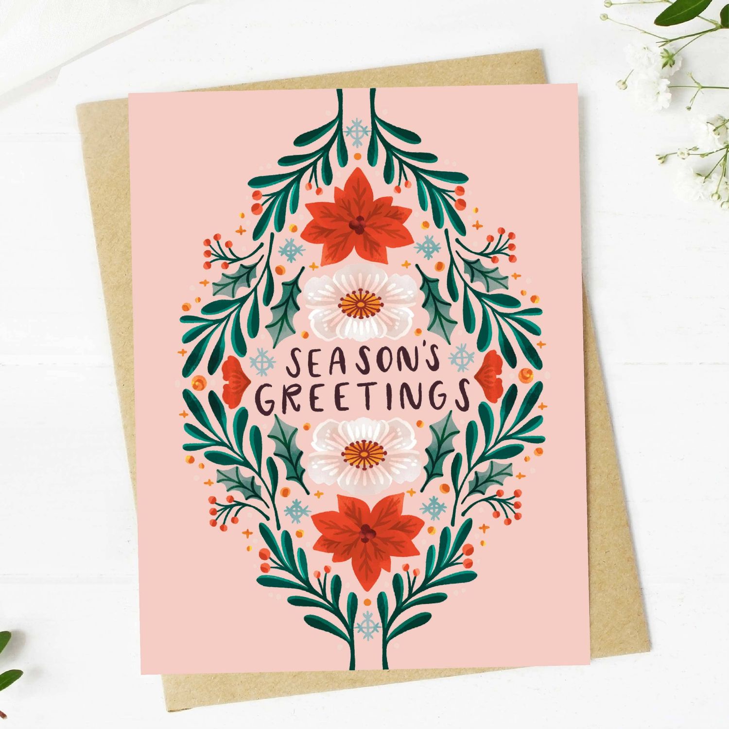 "Season's Greetings" Winter Floral Card