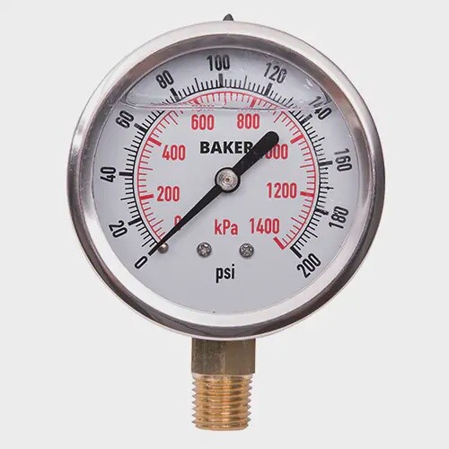 PRESSURE GAUGE 0-200 PSI LQD FILLED 2.5&quot; FACE BOTTOM MOUNT