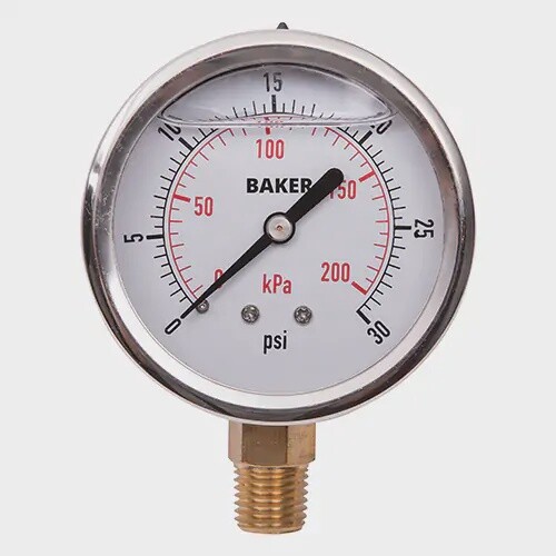 PRESSURE GAUGE 0-30 PSI LQD FILLED 2.5&quot; FACE BOTTOM MOUNT