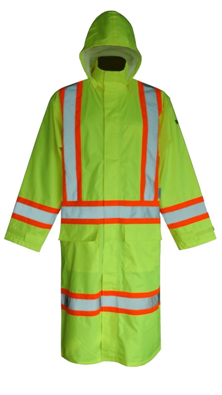 HOODED SAFETY RAIN COAT (LONG) FLUORESCENT GREEN