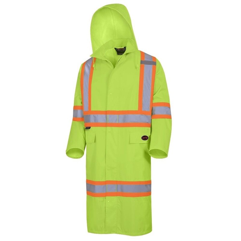 HI-VIZ SAFETY RAIN COAT LONG OXFORD POLYESTER W/ PU COATING YELLOW/GREEN