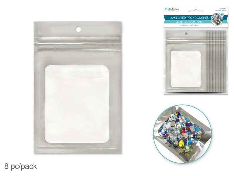 Zipper-Seal Laminated Poly Pouches: 4.1&quot; x 6.4&quot; 8pc w/Window