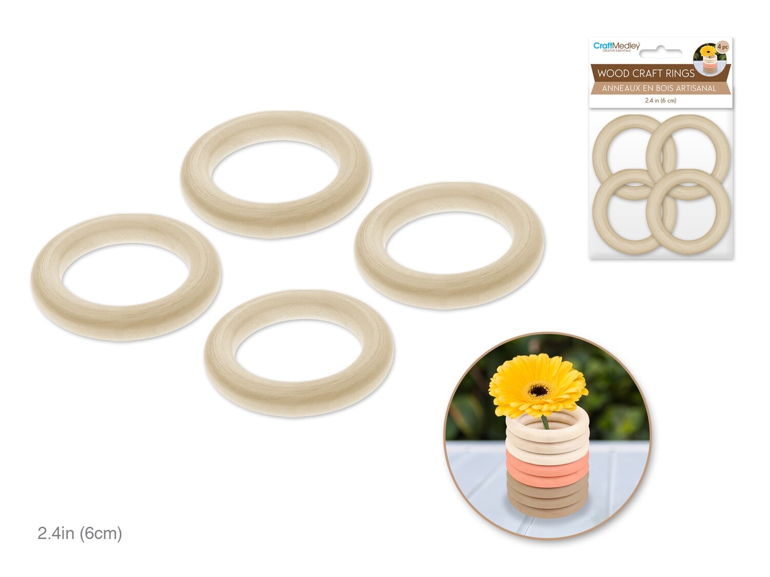 C M Wood Craft Rings.  4 Pcs.  CW659