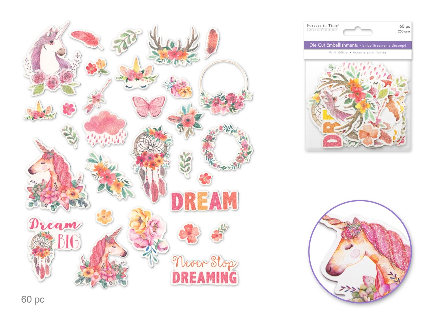 FIT Die Cut Embellishments. 60pc. Boho Dreams. SE139A