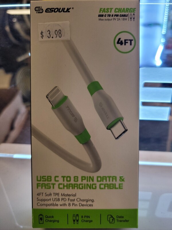 Esoulk 4&#39; C-to-8 Pin Fast Charging Cable White