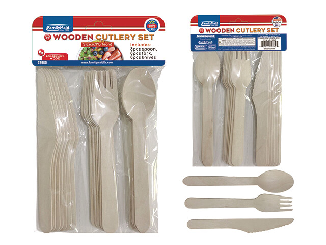 24PC WOODEN CUTLERY 6.3&quot;L SPOON FORK KNIFE