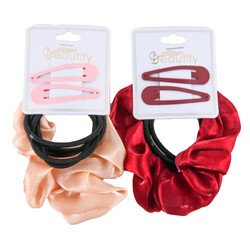8PC HAIR ESSENTIALS- CLIPS, HAIR TIES &amp; SCRUNCHIE 4ASST COLORS