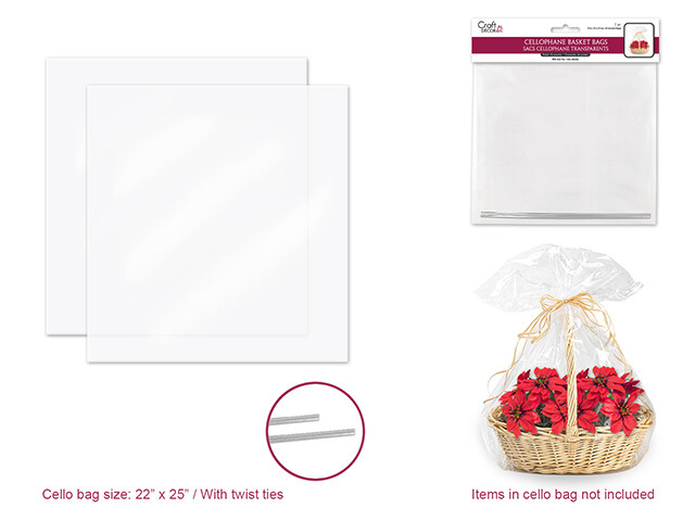 Basket Accessories: 22&quot;x25&quot; Clear Basket Cello Bags 2pk w/Twist Ties