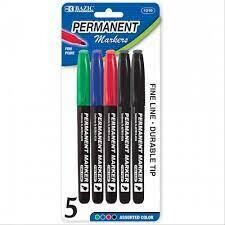 BAZIC Assorted Colors Fine Tip Permanent Markers w/ Pocket Clip (5/Pack)